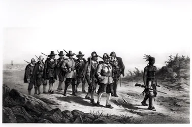 Der Marsch von Miles Standish, graviert von Armstrong und Co., 1873